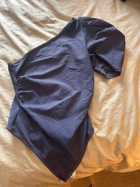 Free People Navy One-Shoulder Puff Sleeve Bodysuit